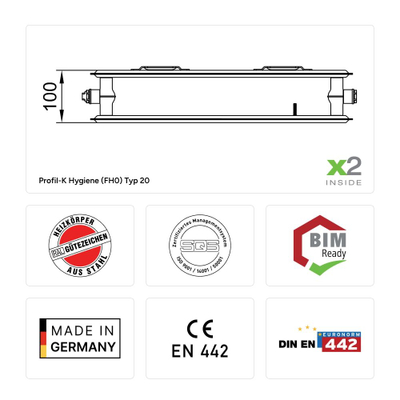 Radiator çeliku Kermi Profil K therm x2 Hygiene Type 20, 300x100x1800mm, 1048W, i bardhë