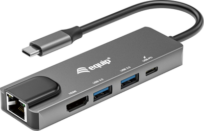 Adaptor USB C Equip 133489 5 në 1, HDMI, Gigabit LAN, 100W USB PD, gri