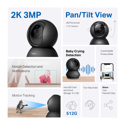 Kamerë TP-Link Tapo,Pan/Tilt Wi-Fi, 2K 3MP