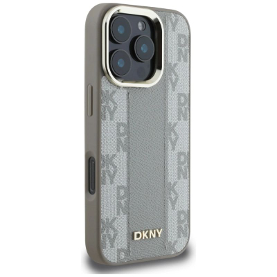 Футрола DKNY со кариран дезен MagSafe за iPhone 16 Pro Max, еко-кожа, сива
