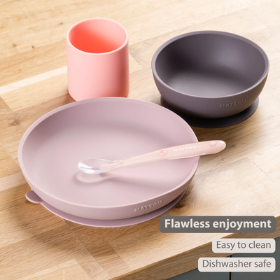 Set ushqimi për Fëmijë prej Silikoni, 4 copë - Silikon, Roze