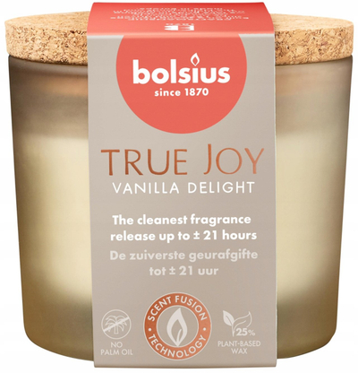 Qiri aromatik Bolsius True Joy Vanilla Delight, 21 orë djegie, enë qelqi, ngjyrë krem