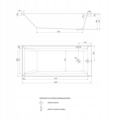 Правоаголна када Cersanit Balinea 180x80, акрилна, бела