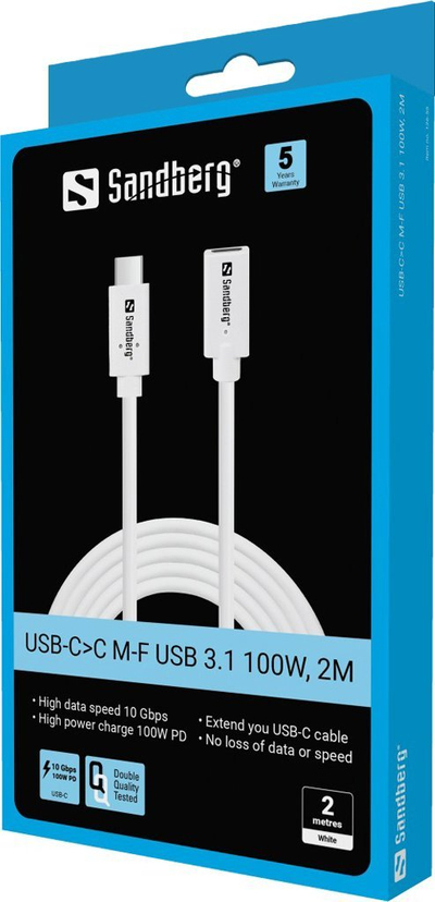 Kabllo zgjatuese USB Sandberg USB-C në USB-C, 2m, USB 3.1, 100W, e zezë