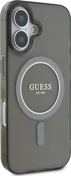 Këllëf telefoni Guess IML Glitter Circle me MagSafe për iPhone 16 6.1", transparent, i zi