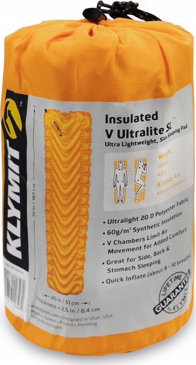 Dyshek kampingu Klymit Insulated V Ultralite SL, i izoluar, shumë i lehtë, portokalli