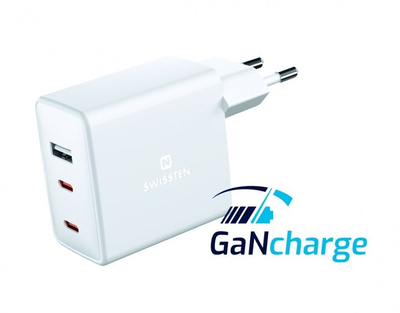 Karikues SWISSTEN GaN, USB-A, 2x USB-C, 70W, i bardhë