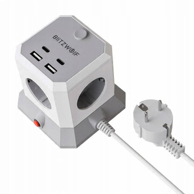 Zgjatës elektrik BlitzWolf BW-EC1, 4xAC 4xUSB, 1.8 m, gri e bardhë