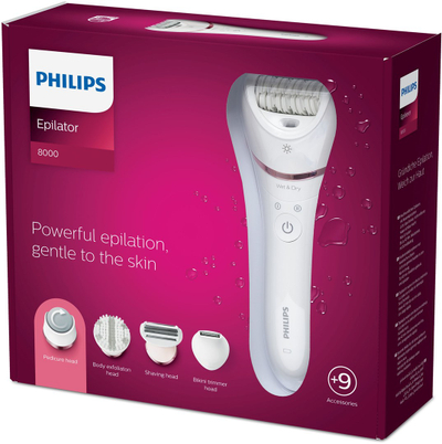 Epilator Philips Series 8000 BRE740/10, me tela qeramike, përdorim i thatë dhe i lagësht, i bardhë