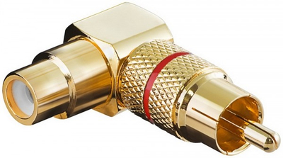 Adapter audio Goobay A 196, RCA mashkull në femër, me kënd 90°, i veshur me ar