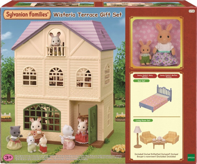 Сет игри Sylvanian Families Wisteria Terrace, куќа играчка со тераса, 2 фигуриња зајаче, повеќебојно