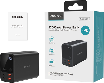 Powerbank Choetech B635BK, 27000mAh, 4 porta USB, i zi