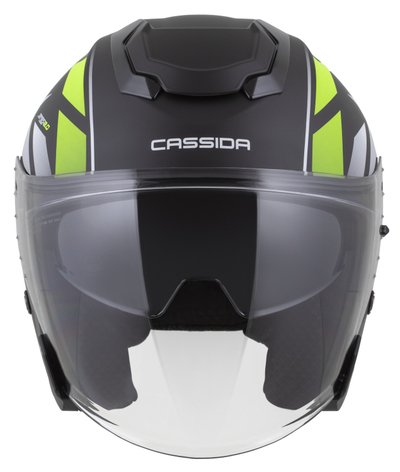 Helmetë moto CASSIDA Jet Tech 2.0 RoTo, vizor i gjatë, e zezë mat fluo e verdhë e bardhë