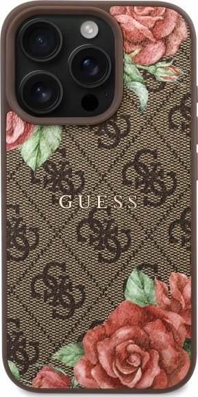 Kapak telefoni Guess 4G Flowers Print MagSafe, për iPhone 16 Pro, kafe