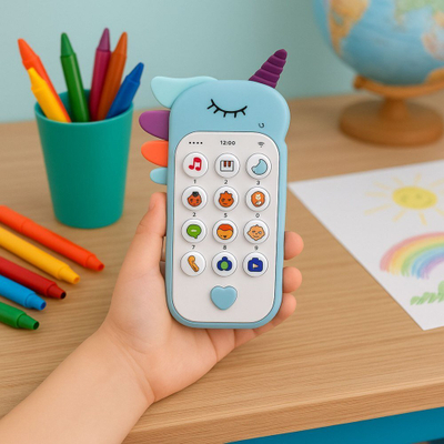 Telefon lodër edukativ Unicorno Interactive Phone, me drita dhe melodi, për fëmijë, i kaltër