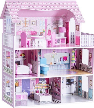 Shtëpi druri për kukulla Ecotoys ZA4130, me mobilie, ndriçim LED, rozë