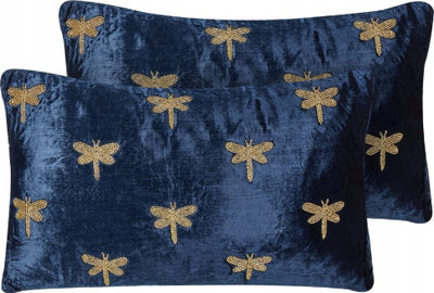 Set me jastëkë dekorativë BLUESTEM Velvet, 30x50cm, me qëndisje insektesh, blu e errët