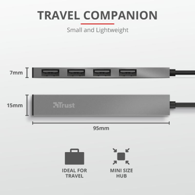 Hub USB Trust Halyx Aluminium, 4 porta, USB 2.0, argjendtë