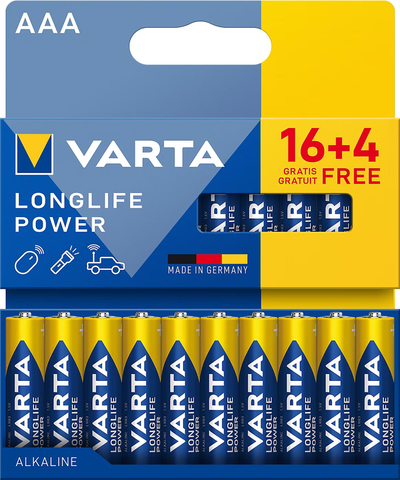 Bateri alkaline Varta LR03 Longlife Power AAA, 20 copë, paketim blister