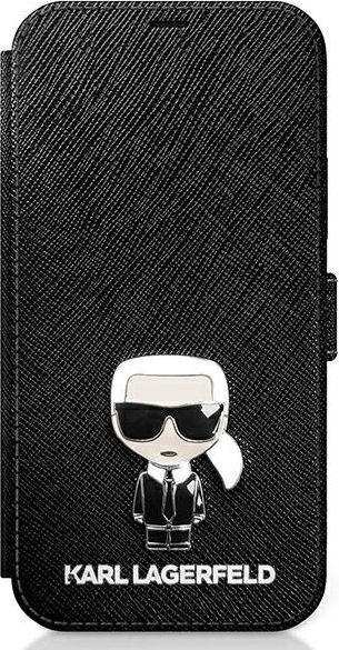Mbrojtëse libri Karl Lagerfeld Saffiano Ikonik Metal për iPhone 12 Mini, 5.4", me xhepa për karta, e zezë