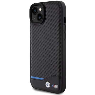 Këllëf BMW Leather Carbon për iPhone 15 Plus, 6.7", lëkurë karboni, i zi