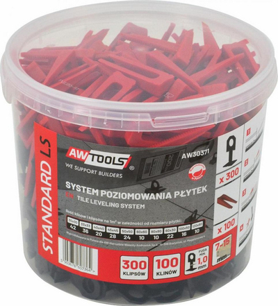 Sistem nivelimi për pllaka AWTools AW30371, 1.0mm, set me 300 kapëse edhe 100 kunja