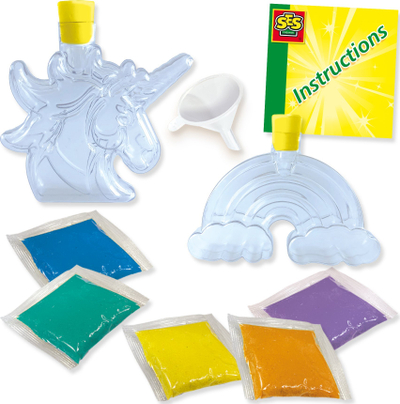 Set kreativ me rërë SES Creative Galaxy Sand Art Bottles Unicorn and Rainbow, 2 shishe, shumëngjyrëshe