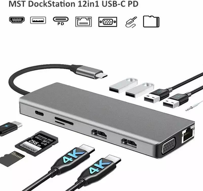Docking station RoGer MST Dock Station 12in1 Lite, USB-C, 2x HDMI 4K, gri metalik