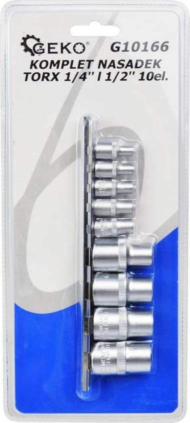 Set gedorash Torx GEKO, 10 copë, 10-19mm, lidhje 1/4" dhe 1/2"