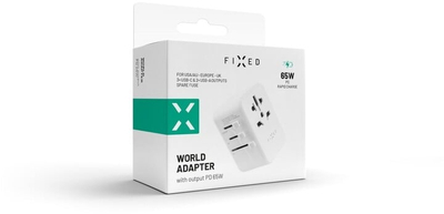 Përshtatës udhëtimi FIXED për EU, UK dhe USA/AUS, 3xUSB-C, 2xUSB-A, GaN, PD 65W, i bardhë