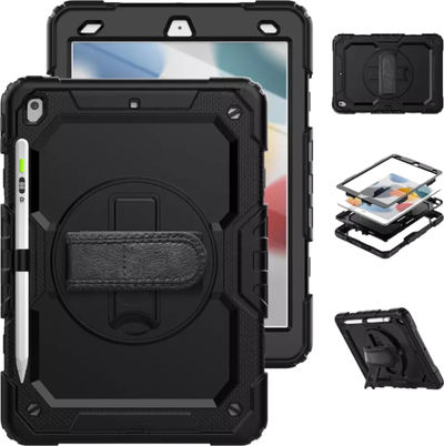 Këllëf tableti DEQSTER 360 Rugged për iPad 10.2", tip ushtarak, me mbajtës për stilolaps, i zi