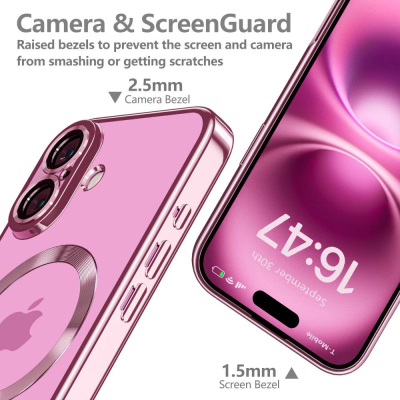 Mbulesë telefoni Tech-Protect MagFlex MagSafe për iPhone 16, transparente me rozë metalike