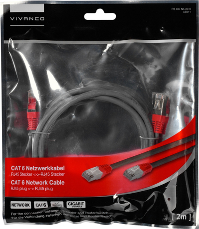 Kabllo interneti Vivanco CAT 6, 2m, RJ45, gri me fi she të kuqe