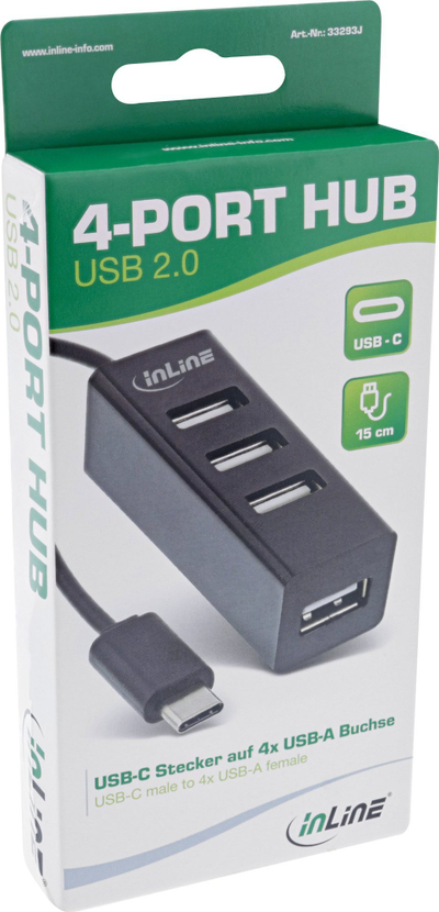 Hub USB InLine 2.0 me 4 porta, USB C në 4x USB A, kabllo 15cm, i zi