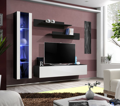 Сет ѕиден за дневна соба FLY G2, со LED осветлување, МДФ, црн мат и бел со сјај