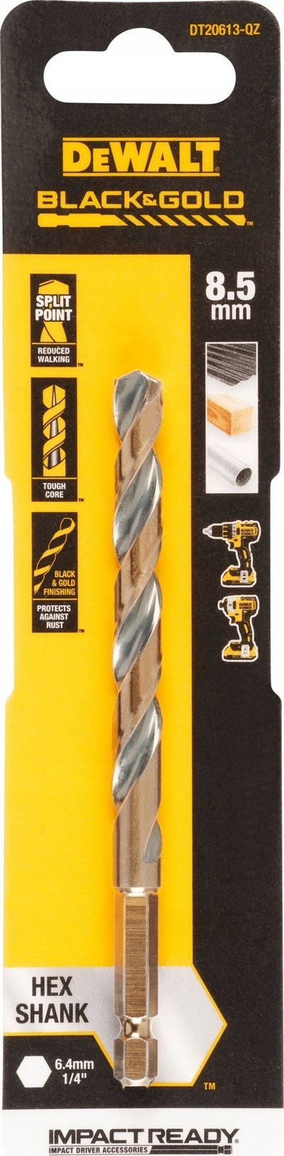 Spiralë metali Dewalt DT20613, 8.5mm, futje HEX 1/4", black and gold
