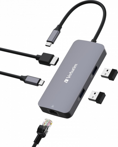 Hub USB C Verbatim CMH 05 Pro Multiport, 5 porta, 85W Power Delivery, gri metalik