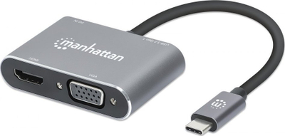 Dock USB C Manhattan 4 në 1, HDMI VGA USB A USB C, Power Delivery 87W, gri