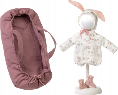 Set aksesorësh për kukulla Llorens White Romper, për 35 cm, çantë bartëse, i bardhë rozë
