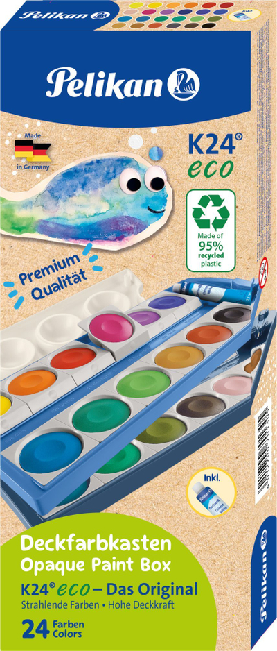 Kuti ngjyrash uji Pelikan Opaque Paint Box K24 Eco, 24 ngjyra, me tub të bardhë 7.5 ml, blu