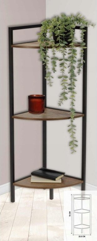 Raft këndor Home and Styling për shumë punë, me 3 kate, 23.5 x 23.5 x 76 cm, metal edhe dru, i zi