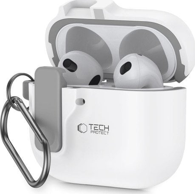 Mbulesë Tech-Protect Slim Hook për Apple AirPods 4, polikarbonat, me karabinë, e bardhë