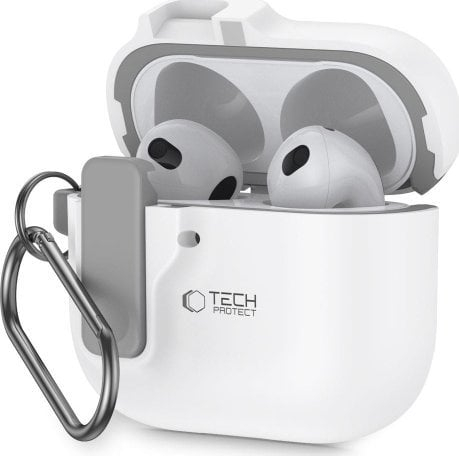 Mbulesë Tech-Protect Slim Hook për Apple AirPods 4, polikarbonat, me karabinë, e bardhë