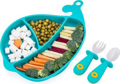 Set pjatash për kalamaj GiliGums Sea Whale, silikoni, me kupë thithëse, ngjyrë turkuaz