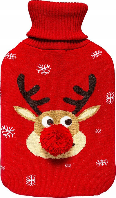 Shishe uji i nxehtë Rudolph Reindeer, 1.7L, me mbulesë të thurur, e kuqe