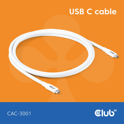 Kabllo USB C në USB C Club3D CAC 2m, 240W, 20Gbps, e bardhë