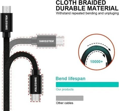 Kabllo USB Swissten Textile, USB A me USB C, 0.2m, e zezë