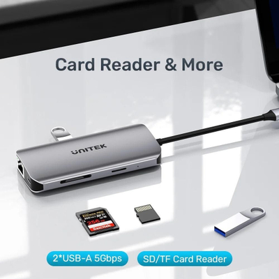 USB C хаб Јунитек D1122A01, 2x HDMI 4K, RJ 45, сив