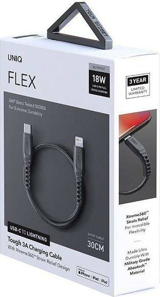 Kabllo USB UNIQ FLEX USB C në Lightning, 0.3 m, 18W PD, gri