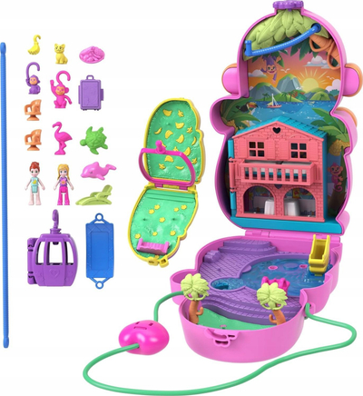 Set lodrash Polly Pocket Momma Monkey and Baby, kompakt 2 në 1, me aksesorë, shumëngjyrësh